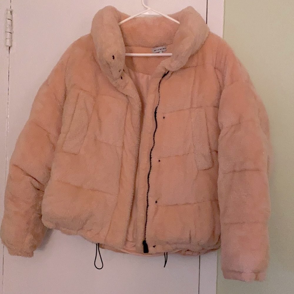 UO Light before dark pink fluffy puffer jacket